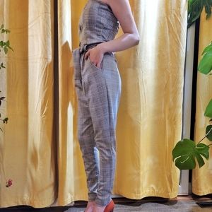 Plaid One Piece Pantsuit Belted Strapless